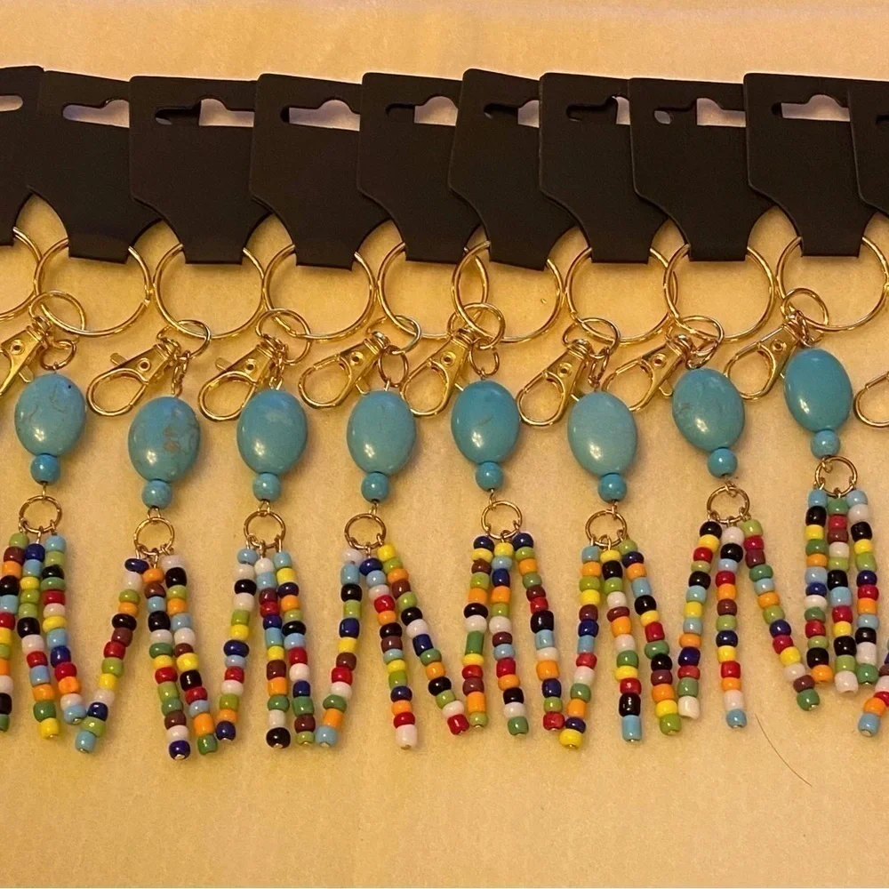 HANDCRAFTED Goldtone Keychain w/Turquoise Magnesite Gemstones & Glass Seed Beads